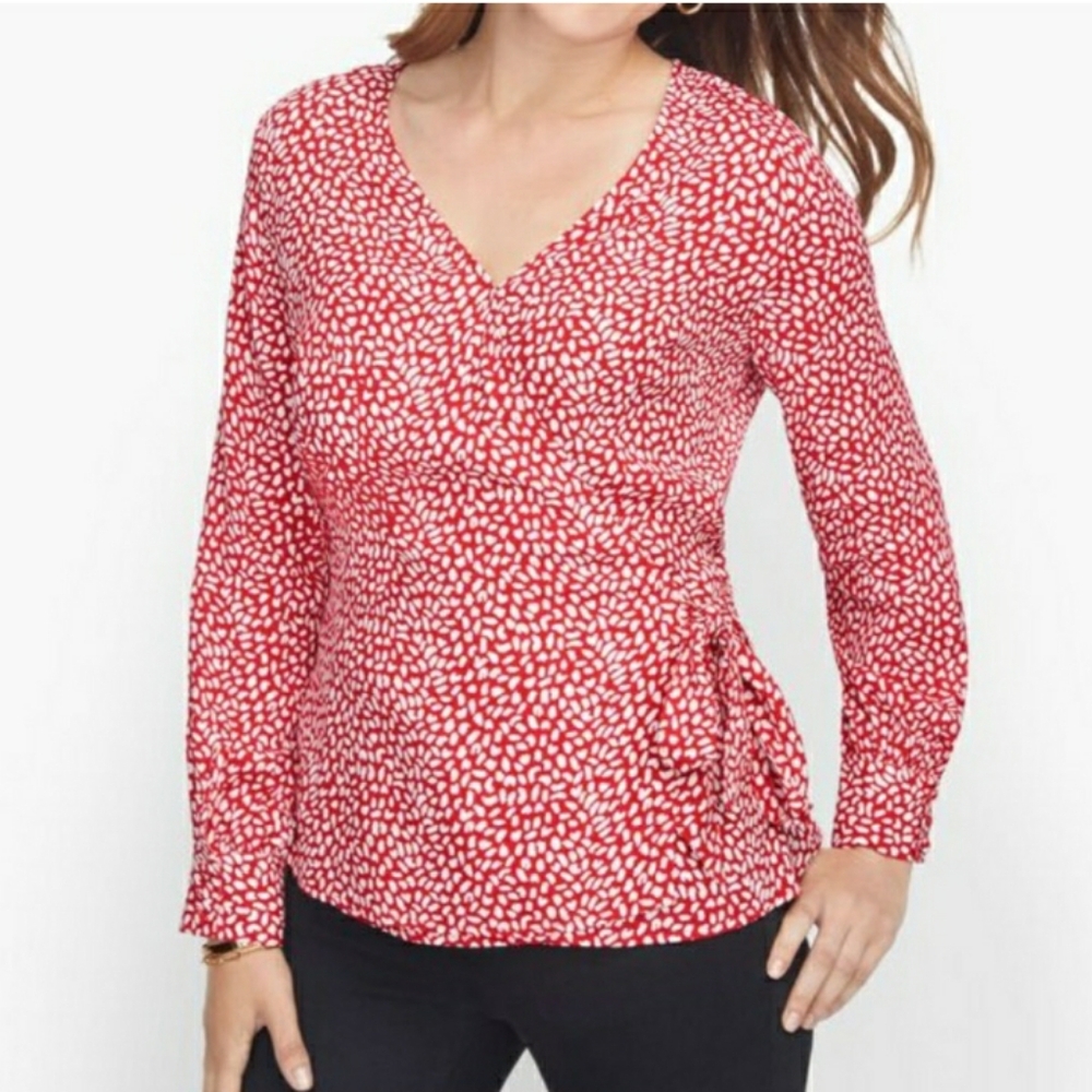Talbots Size LP Women's Red Patterned V-Neck Top